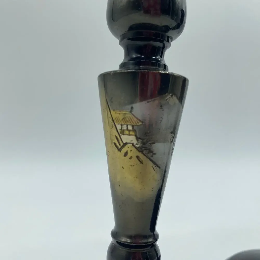 Mid Century Modern Silver Etched Japanese Candlestick Holders Vintage Asian Art